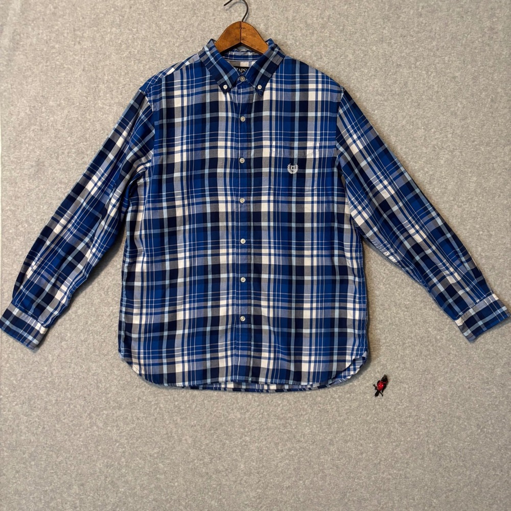 Chaps Mens Large‎ Button Down Shirt Long Sleeve Blue White Plaid Easy Care Twill